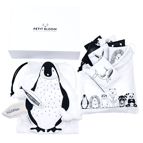 coffret-cadeau-naissance-noir-et-blanc-personnalisé-pingouin-petit-bloom